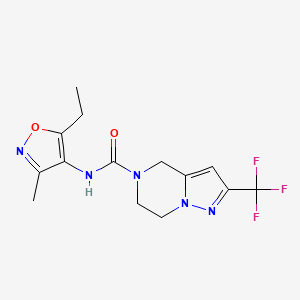 molecular formula C14H16F3N5O2 B7395039 N-(5-ethyl-3-methyl-1,2-oxazol-4-yl)-2-(trifluoromethyl)-6,7-dihydro-4H-pyrazolo[1,5-a]pyrazine-5-carboxamide 