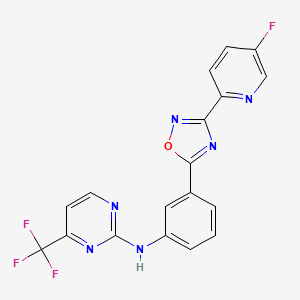 molecular formula C18H10F4N6O B7396121 N-[3-[3-(5-fluoropyridin-2-yl)-1,2,4-oxadiazol-5-yl]phenyl]-4-(trifluoromethyl)pyrimidin-2-amine 