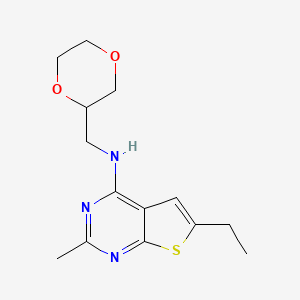 molecular formula C14H19N3O2S B7396379 N-(1,4-dioxan-2-ylmethyl)-6-ethyl-2-methylthieno[2,3-d]pyrimidin-4-amine 