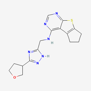 molecular formula C16H18N6OS B7397322 N-[[3-(oxolan-3-yl)-1H-1,2,4-triazol-5-yl]methyl]-7-thia-9,11-diazatricyclo[6.4.0.02,6]dodeca-1(12),2(6),8,10-tetraen-12-amine 