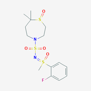 molecular formula C14H21FN2O4S3 B7397421 N-[(2-fluorophenyl)-methyl-oxo-lambda6-sulfanylidene]-7,7-dimethyl-1-oxo-1,4-thiazepane-4-sulfonamide 