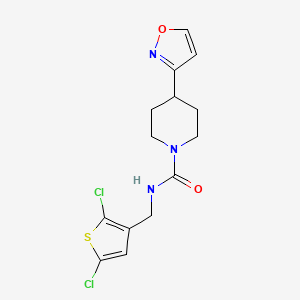 molecular formula C14H15Cl2N3O2S B7398185 N-[(2,5-dichlorothiophen-3-yl)methyl]-4-(1,2-oxazol-3-yl)piperidine-1-carboxamide 