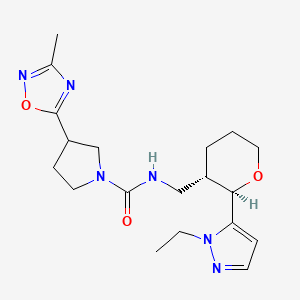 molecular formula C19H28N6O3 B7398256 N-[[(2R,3S)-2-(2-ethylpyrazol-3-yl)oxan-3-yl]methyl]-3-(3-methyl-1,2,4-oxadiazol-5-yl)pyrrolidine-1-carboxamide 