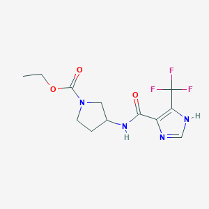 molecular formula C12H15F3N4O3 B7399196 ethyl 3-[[5-(trifluoromethyl)-1H-imidazole-4-carbonyl]amino]pyrrolidine-1-carboxylate 