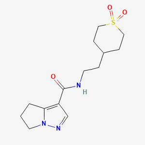 molecular formula C14H21N3O3S B7399501 N-[2-(1,1-dioxothian-4-yl)ethyl]-5,6-dihydro-4H-pyrrolo[1,2-b]pyrazole-3-carboxamide 