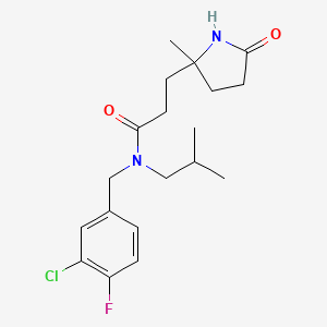 molecular formula C19H26ClFN2O2 B7399859 N-[(3-chloro-4-fluorophenyl)methyl]-3-(2-methyl-5-oxopyrrolidin-2-yl)-N-(2-methylpropyl)propanamide 