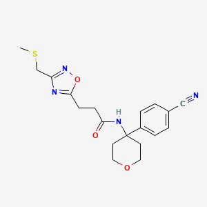molecular formula C19H22N4O3S B7400072 N-[4-(4-cyanophenyl)oxan-4-yl]-3-[3-(methylsulfanylmethyl)-1,2,4-oxadiazol-5-yl]propanamide 