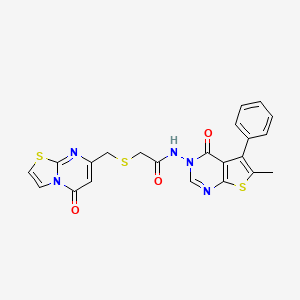 molecular formula C22H17N5O3S3 B7404416 N-(6-methyl-4-oxo-5-phenylthieno[2,3-d]pyrimidin-3-yl)-2-[(5-oxo-[1,3]thiazolo[3,2-a]pyrimidin-7-yl)methylsulfanyl]acetamide 