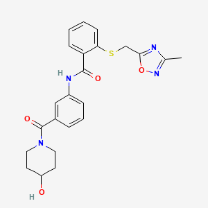 molecular formula C23H24N4O4S B7404643 N-[3-(4-hydroxypiperidine-1-carbonyl)phenyl]-2-[(3-methyl-1,2,4-oxadiazol-5-yl)methylsulfanyl]benzamide 
