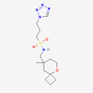 molecular formula C14H25N5O3S B7405368 N-[(8-methyl-5-oxaspiro[3.5]nonan-8-yl)methyl]-3-(tetrazol-1-yl)propane-1-sulfonamide 