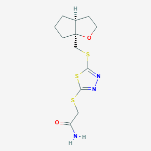 molecular formula C12H17N3O2S3 B7406280 2-[[5-[[(3aS,6aS)-2,3,3a,4,5,6-hexahydrocyclopenta[b]furan-6a-yl]methylsulfanyl]-1,3,4-thiadiazol-2-yl]sulfanyl]acetamide 