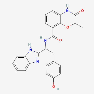 molecular formula C25H22N4O4 B7421649 N-[1-(1H-benzimidazol-2-yl)-2-(4-hydroxyphenyl)ethyl]-2-methyl-3-oxo-4H-1,4-benzoxazine-8-carboxamide 
