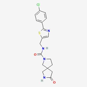 molecular formula C18H19ClN4O2S B7421709 N-[[2-(4-chlorophenyl)-1,3-thiazol-5-yl]methyl]-8-oxo-2,7-diazaspiro[4.4]nonane-2-carboxamide 