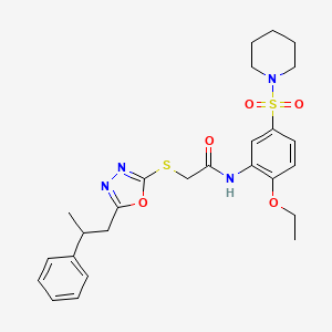 molecular formula C26H32N4O5S2 B7422192 N-(2-ethoxy-5-piperidin-1-ylsulfonylphenyl)-2-[[5-(2-phenylpropyl)-1,3,4-oxadiazol-2-yl]sulfanyl]acetamide 
