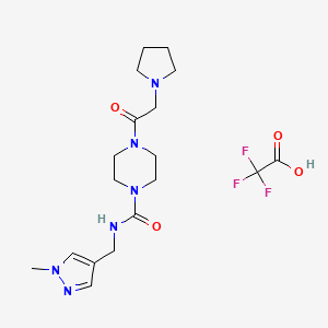 molecular formula C18H27F3N6O4 B7422298 N-[(1-methylpyrazol-4-yl)methyl]-4-(2-pyrrolidin-1-ylacetyl)piperazine-1-carboxamide;2,2,2-trifluoroacetic acid 
