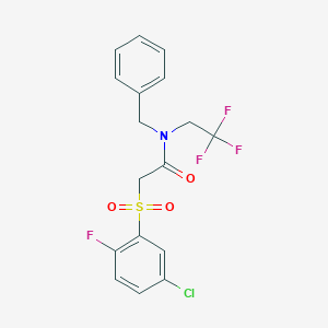 molecular formula C17H14ClF4NO3S B7422317 N-benzyl-2-(5-chloro-2-fluorophenyl)sulfonyl-N-(2,2,2-trifluoroethyl)acetamide 