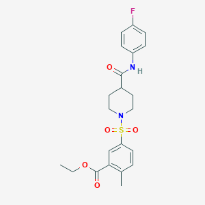 molecular formula C22H25FN2O5S B7422508 Ethyl 5-[4-[(4-fluorophenyl)carbamoyl]piperidin-1-yl]sulfonyl-2-methylbenzoate 