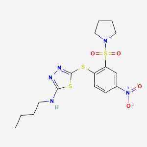 molecular formula C16H21N5O4S3 B7422565 N-butyl-5-(4-nitro-2-pyrrolidin-1-ylsulfonylphenyl)sulfanyl-1,3,4-thiadiazol-2-amine 