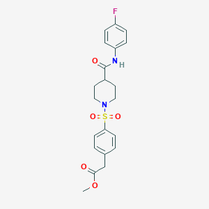 molecular formula C21H23FN2O5S B7424370 Methyl 2-[4-[4-[(4-fluorophenyl)carbamoyl]piperidin-1-yl]sulfonylphenyl]acetate 
