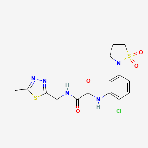 molecular formula C15H16ClN5O4S2 B7424572 N'-[2-chloro-5-(1,1-dioxo-1,2-thiazolidin-2-yl)phenyl]-N-[(5-methyl-1,3,4-thiadiazol-2-yl)methyl]oxamide 