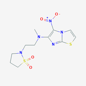 molecular formula C11H15N5O4S2 B7426560 N-[2-(1,1-dioxo-1,2-thiazolidin-2-yl)ethyl]-N-methyl-5-nitroimidazo[2,1-b][1,3]thiazol-6-amine 