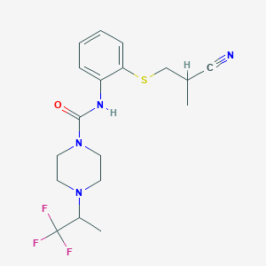 molecular formula C18H23F3N4OS B7427942 N-[2-(2-cyanopropylsulfanyl)phenyl]-4-(1,1,1-trifluoropropan-2-yl)piperazine-1-carboxamide 