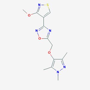 molecular formula C13H15N5O3S B7437644 3-(3-Methoxy-1,2-thiazol-4-yl)-5-[(1,3,5-trimethylpyrazol-4-yl)oxymethyl]-1,2,4-oxadiazole 