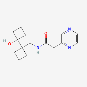 molecular formula C16H23N3O2 B7445485 N-[[1-(1-hydroxycyclobutyl)cyclobutyl]methyl]-2-pyrazin-2-ylpropanamide 