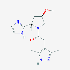 molecular formula C15H21N5O2 B7450569 2-(3,5-dimethyl-1H-pyrazol-4-yl)-1-[(2S,4R)-2-(1H-imidazol-2-yl)-4-methoxypyrrolidin-1-yl]ethanone 