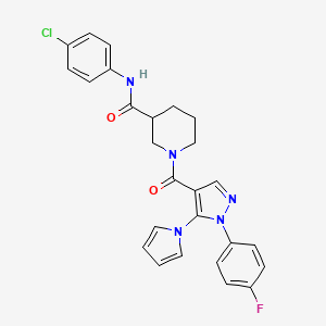 molecular formula C26H23ClFN5O2 B7478940 N-(4-Chlorophenyl)-1-[1-(4-fluorophenyl)-5-(1H-pyrrol-1-YL)-1H-pyrazole-4-carbonyl]piperidine-3-carboxamide 