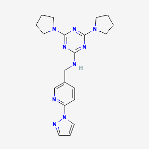molecular formula C20H25N9 B7503390 N-[[6-(1H-Pyrazol-1-yl)-3-pyridinyl]methyl]-4,6-di-1-pyrrolidinyl-1,3,5-triazin-2-amine 