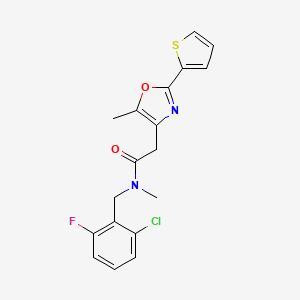 molecular formula C18H16ClFN2O2S B7538573 N-[(2-chloro-6-fluorophenyl)methyl]-N-methyl-2-(5-methyl-2-thiophen-2-yl-1,3-oxazol-4-yl)acetamide 