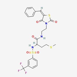 molecular formula C24H24F3N3O5S3 B7549682 N-[2-[(5E)-5-benzylidene-2,4-dioxo-1,3-thiazolidin-3-yl]ethyl]-4-methylsulfanyl-2-[[3-(trifluoromethyl)phenyl]sulfonylamino]butanamide 