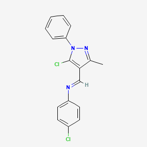 molecular formula C17H13Cl2N3 B7568829 Pyrazole, 5-chloro-4-(4-chlorophenyliminomethyl)-3-methyl-1-phenyl- 