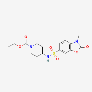 molecular formula C16H21N3O6S B7580411 ETHYL 4-{[(3-METHYL-2-OXO-2,3-DIHYDRO-1,3-BENZOXAZOL-6-YL)SULFONYL]AMINO}TETRAHYDRO-1(2H)-PYRIDINECARBOXYLATE 