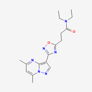 molecular formula C17H22N6O2 B7583299 3-[3-(5,7-dimethylpyrazolo[1,5-a]pyrimidin-3-yl)-1,2,4-oxadiazol-5-yl]-N,N-diethylpropanamide 