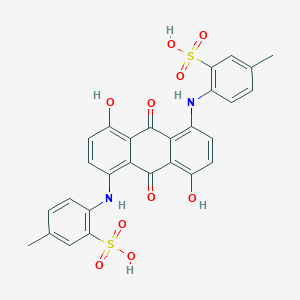 molecular formula C28H22N2O10S2 B076108 Benzenesulfonic acid, 2,2'-[(9,10-dihydro-4,8-dihydroxy-9,10-dioxo-1,5-anthracenediyl)diimino]bis[5-methyl- CAS No. 10449-13-5