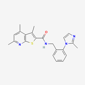 molecular formula C22H22N4OS B7623323 3,4,6-trimethyl-N-[[2-(2-methylimidazol-1-yl)phenyl]methyl]thieno[2,3-b]pyridine-2-carboxamide 