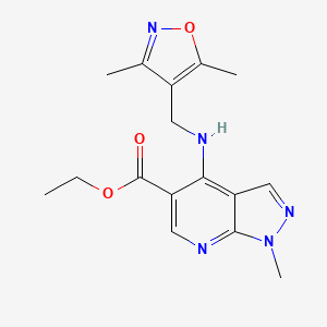 molecular formula C16H19N5O3 B7653599 Ethyl 4-[(3,5-dimethyl-1,2-oxazol-4-yl)methylamino]-1-methylpyrazolo[3,4-b]pyridine-5-carboxylate 