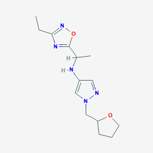 molecular formula C14H21N5O2 B7655386 N-[1-(3-ethyl-1,2,4-oxadiazol-5-yl)ethyl]-1-(oxolan-2-ylmethyl)pyrazol-4-amine 