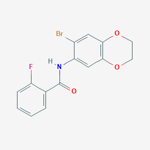 molecular formula C15H11BrFNO3 B7658437 N-(6-bromo-2,3-dihydro-1,4-benzodioxin-7-yl)-2-fluorobenzamide 