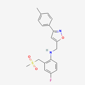 molecular formula C19H19FN2O3S B7662546 4-fluoro-N-[[3-(4-methylphenyl)-1,2-oxazol-5-yl]methyl]-2-(methylsulfonylmethyl)aniline 