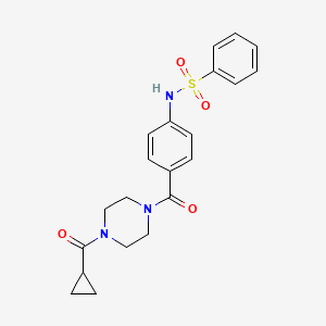 molecular formula C21H23N3O4S B7675192 N-[4-[4-(cyclopropanecarbonyl)piperazine-1-carbonyl]phenyl]benzenesulfonamide 