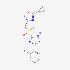 molecular formula C14H12FN5O3S B7679334 5-cyclopropyl-3-[[3-(2-fluorophenyl)-1H-1,2,4-triazol-5-yl]sulfonylmethyl]-1,2,4-oxadiazole 