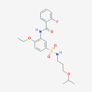 molecular formula C21H27FN2O5S B7687701 N-(2-ethoxy-5-{[3-(propan-2-yloxy)propyl]sulfamoyl}phenyl)-2-fluorobenzamide 