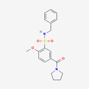 molecular formula C19H22N2O4S B7688382 N-benzyl-2-methoxy-5-(pyrrolidin-1-ylcarbonyl)benzenesulfonamide 