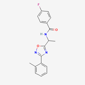 molecular formula C18H16FN3O2 B7693442 4-fluoro-N-[1-[3-(2-methylphenyl)-1,2,4-oxadiazol-5-yl]ethyl]benzamide 