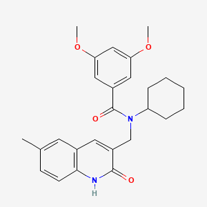 molecular formula C26H30N2O4 B7695852 N-cyclohexyl-N-((2-hydroxy-6-methylquinolin-3-yl)methyl)-3,5-dimethoxybenzamide 