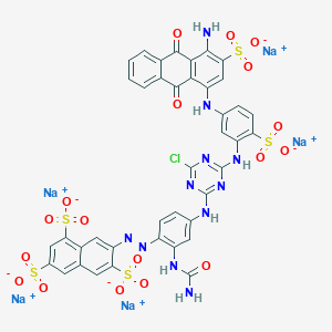 molecular formula C40H23ClN11Na5O18S5 B076994 1,3,6-Naphthalenetrisulfonic acid, 7-(2-(2-((aminocarbonyl)amino)-4-((4-((5-((4-amino-9,10-dihydro-9,10-dioxo-3-sulfo-1-anthracenyl)amino)-2-sulfophenyl)amino)-6-chloro-1,3,5-triazin-2-yl)amino)phenyl)diazenyl)-, sodium salt (1:5) CAS No. 12225-77-3