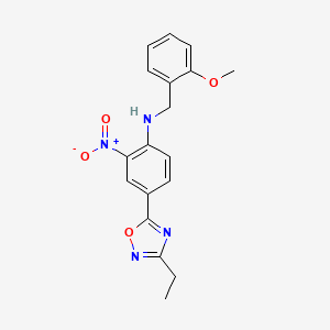 molecular formula C18H18N4O4 B7702206 4-(3-ethyl-1,2,4-oxadiazol-5-yl)-N-[(2-methoxyphenyl)methyl]-2-nitroaniline 